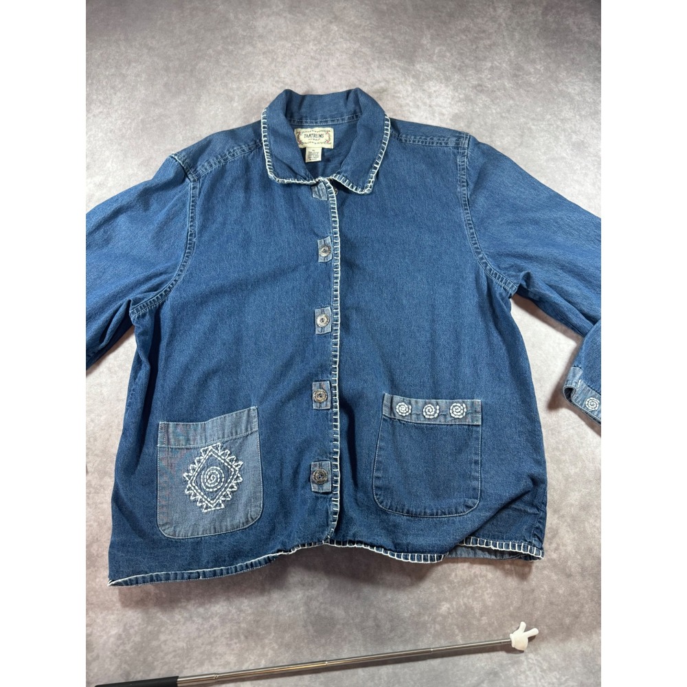 Tantrums Denim Shirt Jacket XL Blue Embroidered Split Back Blanket Stitch Cotton